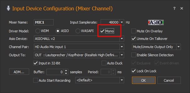 Mixer Input Channel Settings