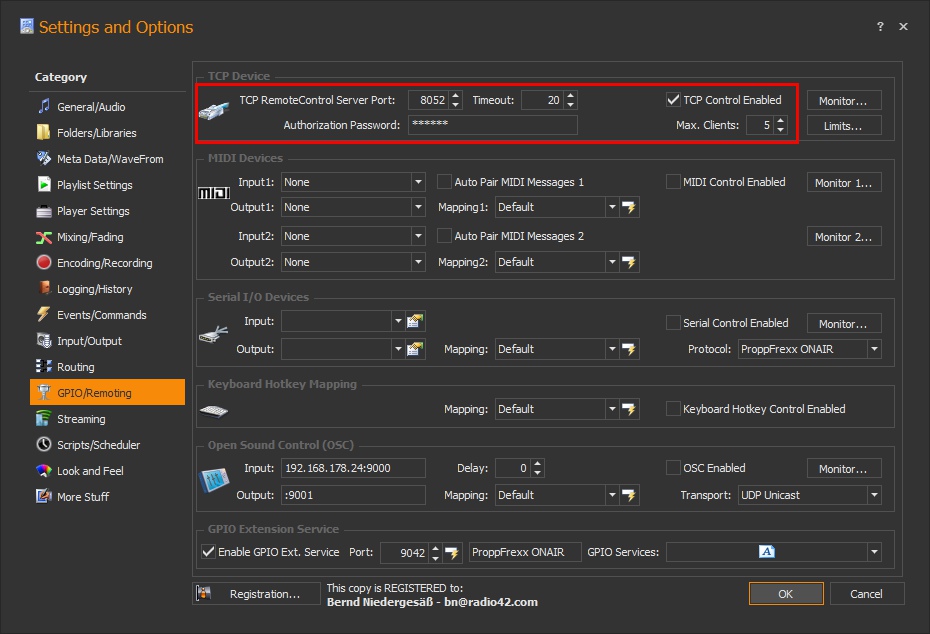 Enable 'TCP Control' in GPIO/Remoting