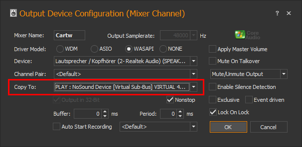 Copy the output of your 'Cartw' mixer channel also to 'PLAY'