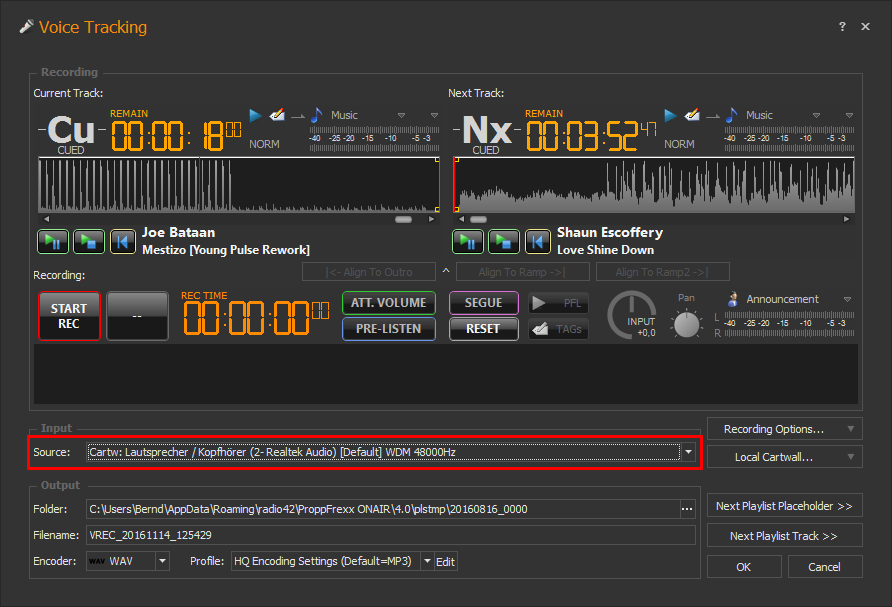 Use the 'Cartw' mixer output channel as your VoiceTracking Source!