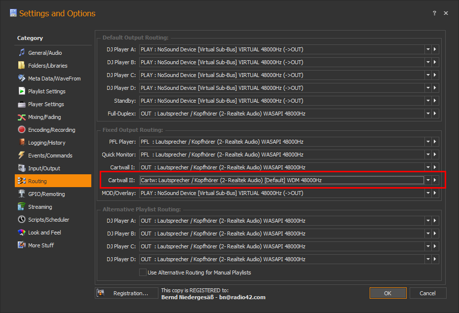 Route the Cartwall II output to your 'Cartw' micxer channel