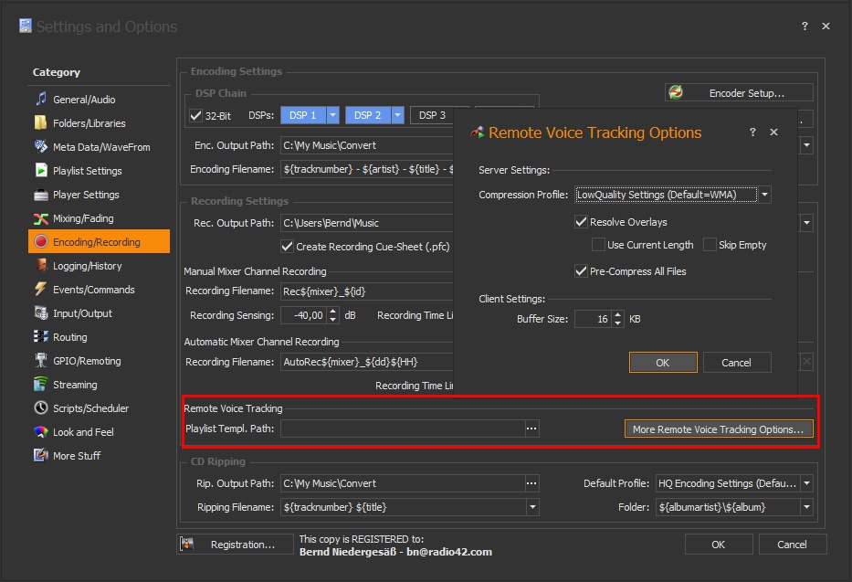 Server-Side: Configure the remote voice tracking encoding and compression settings