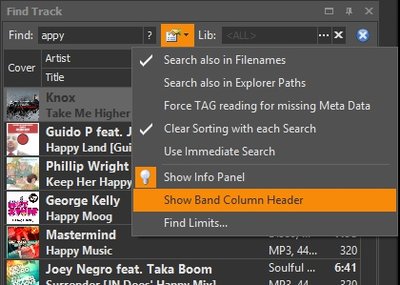 Find Window show band column header option